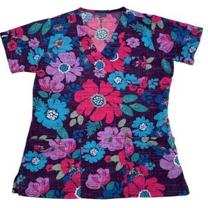 Butter-Soft Stretch Scrub Top Womens Medium Floral V-Neck Purple Workwear Boho